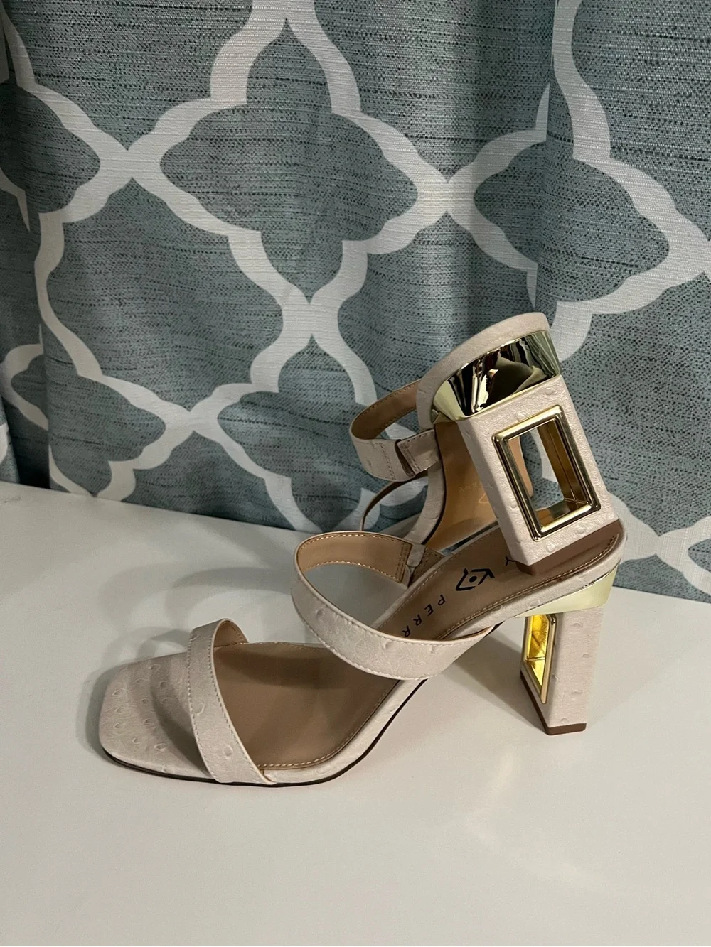 Katy Perry Collections Ivory Double-Strap Block Heel Sandals with Gold Accent